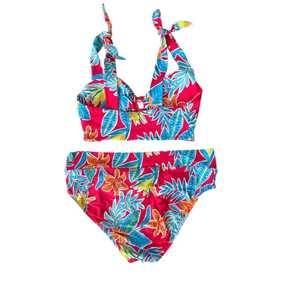 Sunsets Two Piece Red Floral Swimsuit w/Keyhole Removable Pads Size 16 / DD - Picture 2 of 10